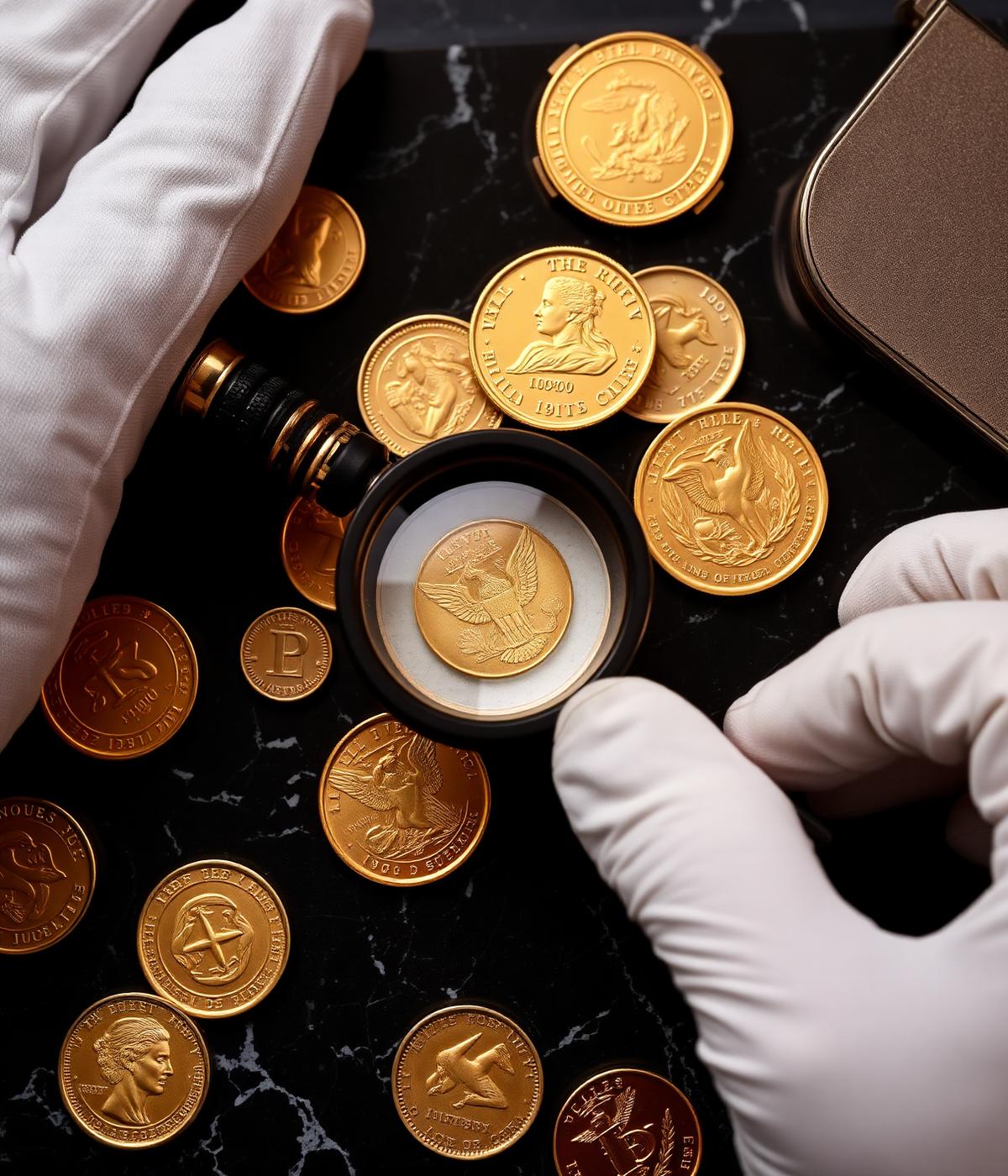 Numismatist evaluating gold coins